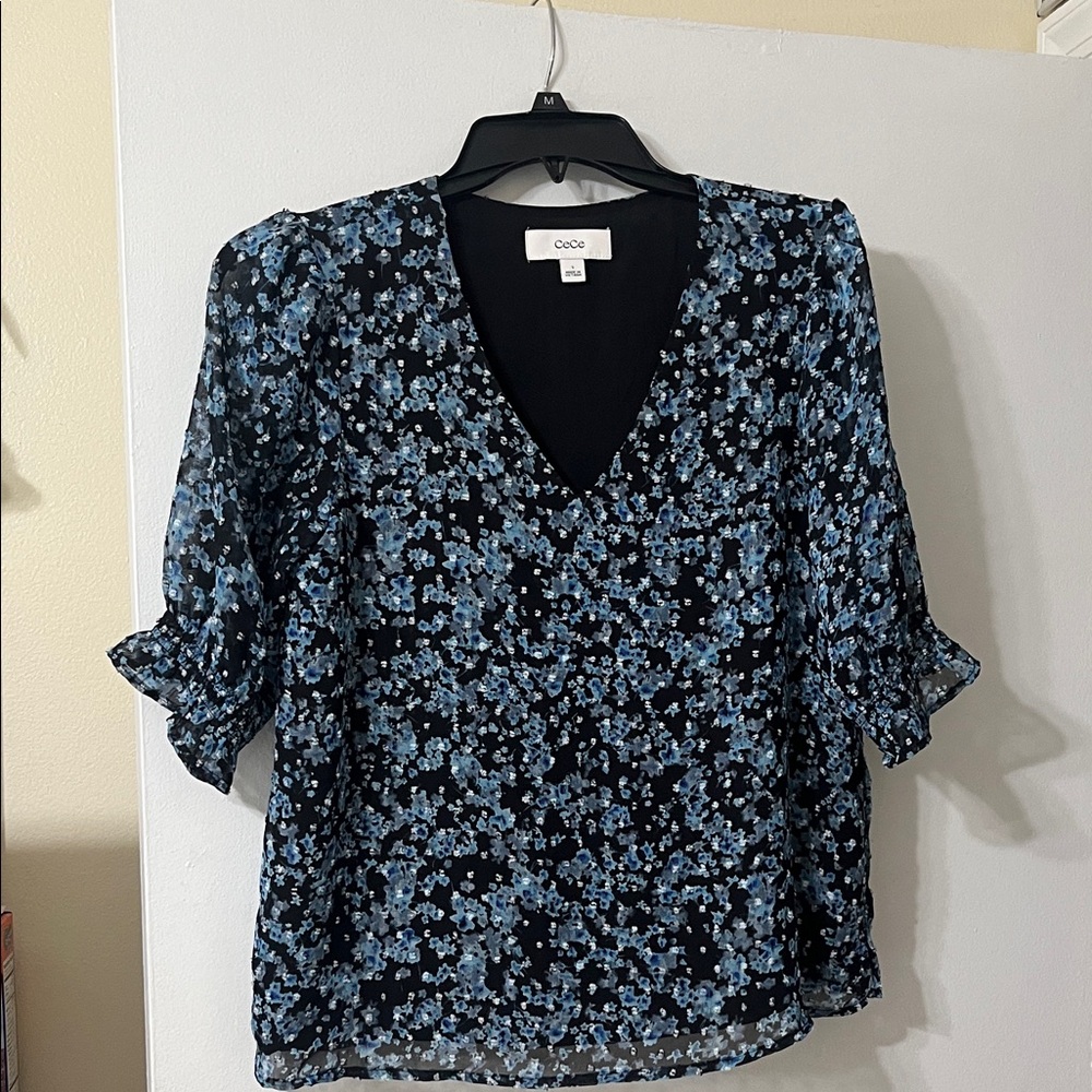 CeCe Black and Blue Floral Blouse